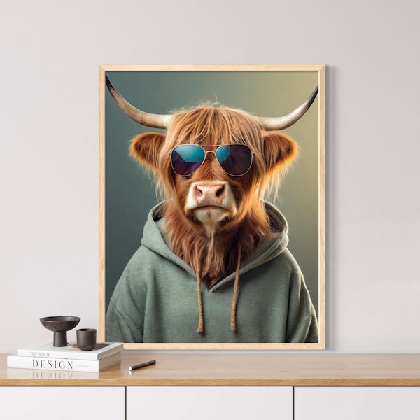 Irish Highland Cow im Hoodie mit Sonnenbrille, tierisches Porträt, Digi Art, Poster, Tiere mit Sonnenbrille, Irish Highland Cow