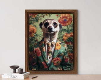 Meerkat flower wallpaper, AI generated, suit, animal portrait, flowers, digi art, poster, funny animal portrait, meerkat