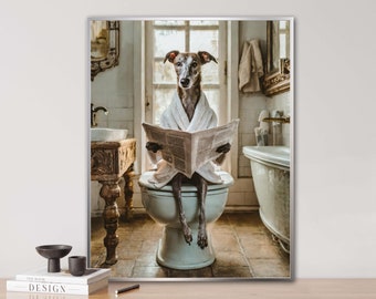 Greyhound on the toilet, AI generated, toilet animals, newspaper, animal portrait, digital art, poster, funny animal portrait, dog, greyhound