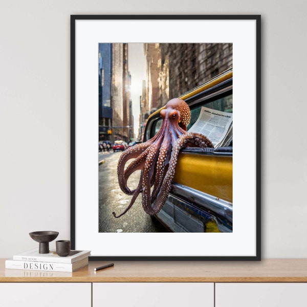 Krake, Oktopus, Digitaldruck, digitale Kunst, Skurrile Illustrationen,Kreative Kunst, Witzige Poster, Digitalart, New York, Taxi, urban art