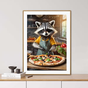 Waschbär, KI generiert, Pizza, Küche, Digital Art, lustiges Tierposter, veränderte Tiere, Tiere mit menschlichen Körpern