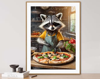 raccoon, AI generated, pizza, kitchen, digital art, funny animal poster, altered animals, animals with human bodies