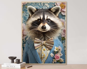raccoon in suit, AI generated, prom, vintage portrait, suit, animal portrait, digi art, poster, funny animal portrait