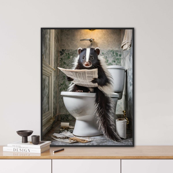 Stinktier auf dem WC, WC Tiere, Stinktier, Zeitung, Vintage Porträt, tierisches Porträt, Digi Art, Poster, lustiges Tierporträt,