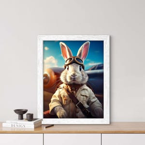 Pilot Rabbit, AI generated, wall art, animal poster, funny animal portrait, rabbit fans, airplanes, quirky gift