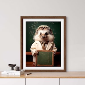 Profesor erizo, generado por IA, arte de pared, póster de animales, retrato divertido de animales, amante de los erizos, escuela, regalo peculiar, enseñanza, matemáticas