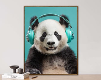 Panda with headphones, AI generated, headphones, turquoise, animal portrait, digi art, poster