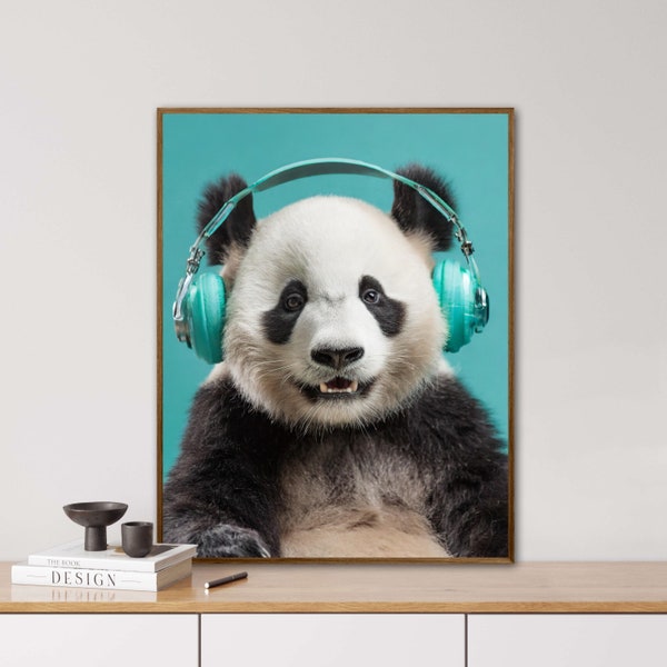 Panda mit Kopfhörern, Kopfhörer, türkis, tierisches Porträt, Digi Art, Poster