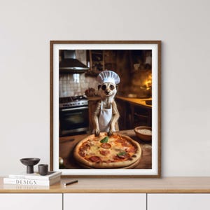 Erdmännchen Küche, KI generiert, Anzug, tierisches Porträt, Dschungel , Digi Art, Poster, lustiges Tier Porträt, Erdmännchen, Pizza, Küche