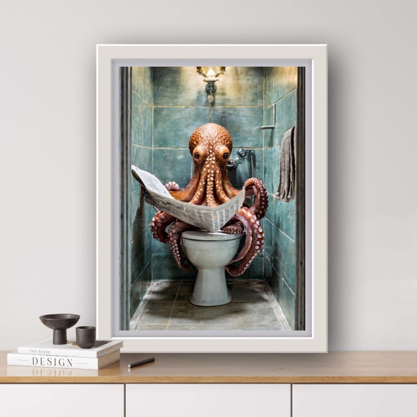 Octopus on the toilet, digital print, digital art, bizarre illustrations, creative art, funny posters, animals on the toilet, digital art