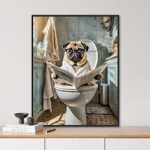 Mops auf dem WC, KI generiert, WC Tiere, Zeitung, tierisches Porträt, Digi Art, Poster, lustiges Tierporträt, Hund, Mops, Mops mit Brille
