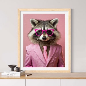 Pink Raccoon, généré par l'IA, portrait vintage, costume, portrait animal, digi art, affiche, portrait animal drôle, rose, raton laveur