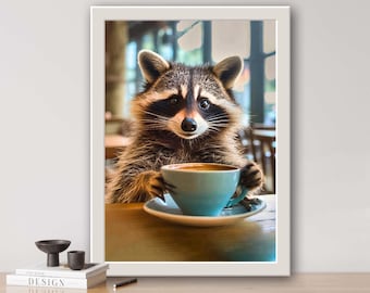 Raccoon, AI generated, kitchen, dining room, digital print, digital art, quirky illustrations, creative art, funny posters, coffee, café