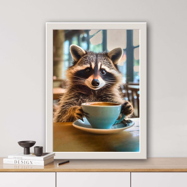 Waschbär, Küche, Esszimmer, Digitaldruck, digitale Kunst, Skurrile Illustrationen,Kreative Kunst, Witzige Poster, Kaffee, Café