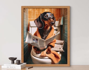 Dachshund on the toilet, AI generated, toilet animals, newspaper, vintage portrait, animal portrait, digi art, funny animal portrait, dog, dachshund