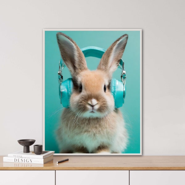 Hase mit Kopfhörern, Kopfhörer, türkis, tierisches Porträt, Digi Art, Poster