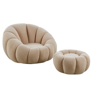 Armchair with swivel stool in cozy teddy fabric for living room and bedroom white, beige, pink image 2