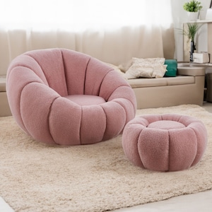Armchair with swivel stool in cozy teddy fabric for living room and bedroom white, beige, pink image 7