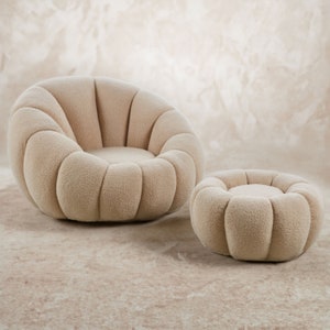 Armchair with swivel stool in cozy teddy fabric for living room and bedroom white, beige, pink image 8