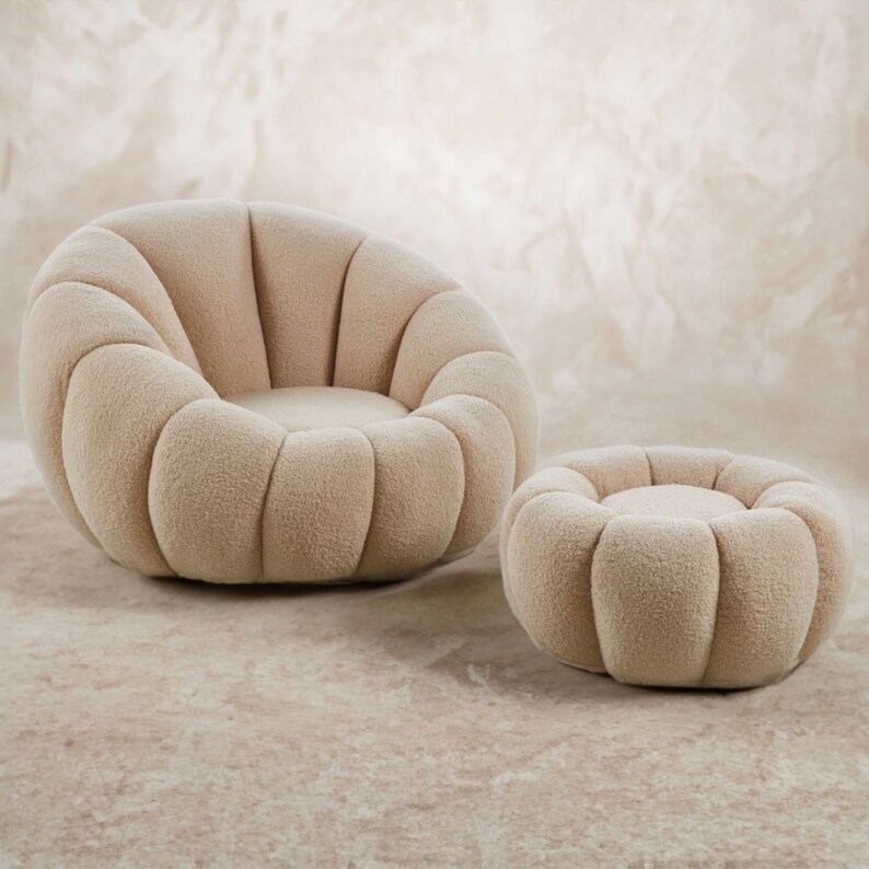 Armchair with swivel stool in cozy teddy fabric for living room and bedroom white, beige, pink image 8
