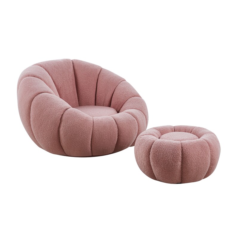 Armchair with swivel stool in cozy teddy fabric for living room and bedroom white, beige, pink image 3