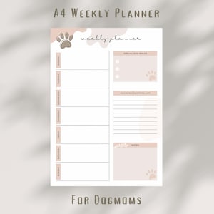 Könnte beinhalten: Ein Wochenplaner mit einem Pfotenabdruck-Design. Der Planer hat Abschnitte für jeden Tag der Woche sowie Abschnitte für besondere Hundespaziergänge, die Einkaufsliste der Hundemama und Notizen. Der Planer ist für Hundemamas konzipiert.