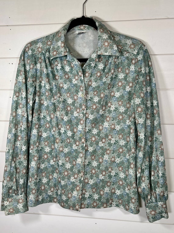 1970's Floral Printed Shirt // Stretch Polyester /