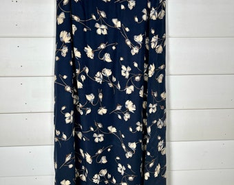 Y2K 2000s Navy Floral Midi Skirt // 100% Silk // Fully Lined // Stretch Waist // Size Small // Lightweight // Flowy