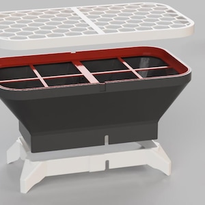 May include: An exploded view of a black and red compost bin with a white honeycomb lid and a white base. The bin has a rectangular shape with a red rim and a grid inside. The base has four legs.