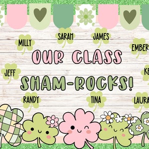 Our Class Shamrocks St. Patrick&#39;s Day Bulletin Board Kit. Pink, Light Green, Groovy for St Patty&#39;s Day - Teacher Bulletin Kit with Borders