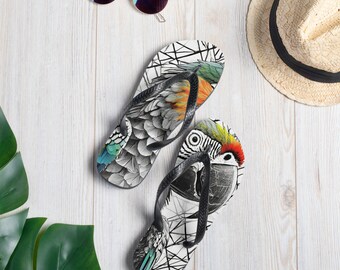 Colorful MACAW Toe Post Style FLIP FLOPS For Summer Day, Unique Birds Black Y Shaped Rubber Straps Flip Flops