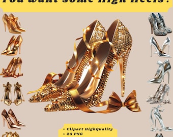 High Heels/Shoes Gold/ Silver 25 PNG, Clipart/Sticker_shiny, glitter, glimmer, glam_3D_real look_digital download instant_NO pysikal product