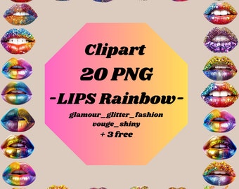 Lips RAINBOW, 20 PNG, Clipart/Sticker_shiny, glitter, glam, vouge, diamonds_3D_real look_digital download instant_NO pysikal product