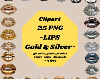 Lips Gold/Silver, 25 PNG, Clipart/Sticker_shiny, glitter, glam, vouge, diamonds_3D_real look_digital download instant_NO pysikal product