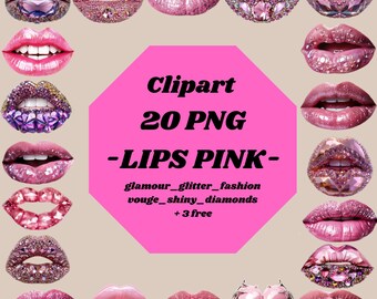 Lips PINK, 20 PNG, Clipart/Sticker_shiny, glitter, glimmer, glam, vouge, diamonds_3D_real look_digital download instant_NO pysikal product