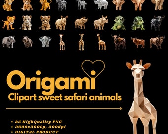 Origami SWEET SAFARI ANIMALS Clipart/Sticker 25 PNG_amazing paper art_3D_real look_digital download instant_NO pysikal product