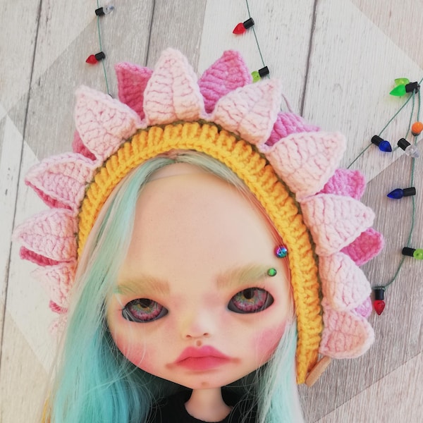 Blythe crochet pink Flower hat helmet halloween accessory for 1/6 doll