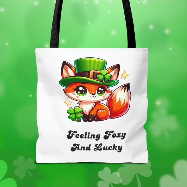 St Patrick's Day  Eco Tote Bag - Feeling Foxy and Lucky - Reusable Grocery Bag - Eco Friendly School Bag - Kawaii Fox - Fox Lover Gift