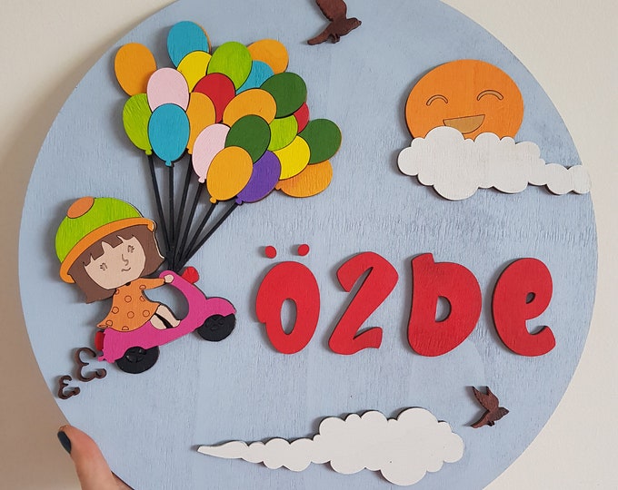 Regalo para bebé / niño, calcomanía de pared con nombre de bebé de madera natural, decoración personalizada para niños / bebés, pintado a mano, 1er regalo de cumpleaños, KS013