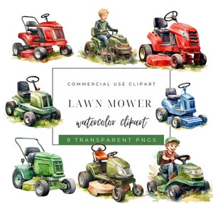 Clipart grasmaaier - aquarel PNG's - gazononderhoud - afbeeldingen commercieel gebruik - landschapstuin