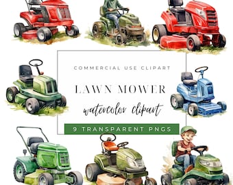 Lawn Mower Clipart - Watercolor PNGs - Lawn Care - Commercial Use Graphics - Landscaping Garden