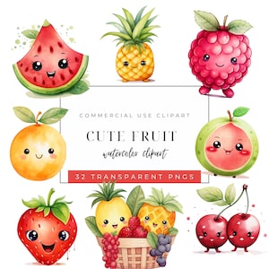 Cute Fruits Clipart - Cute Food - High Quality Pngs - Watercolor Cute Fruits Clipart - Summer Fruits Clipart - Commercial Use