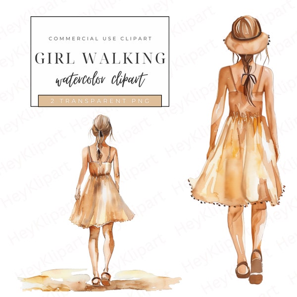 Girl Walking Away Clipart, Printable Watercolor clipart, 2 High Quality PNG, Digital download, Paper crafts, Sublimation, Wall Art