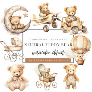 Neutral Teddy Bear Watercolor Clipart - Can Bearly Wait Baby Shower - Clipart Balloons Neutral - Hot Air Balloon - Gender Reveal
