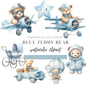 Blue Teddy Bear Clipart, Nursery Baby Bear, Baby Bear PNG, Cute Watercolor Teddy Bear Bundle, Boy Baby Shower Clipart, Boy Birthday Clipart