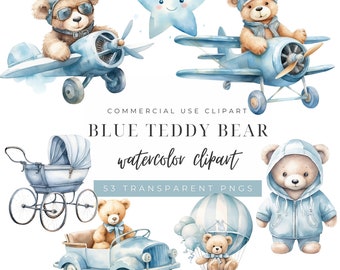 Puede incluir: Conjunto de clipart de acuarela con un oso de peluche azul en varias escenas. El conjunto incluye un oso de peluche piloto volando un avión azul, un oso de peluche en un cochecito azul, un oso de peluche conduciendo un coche azul, un oso de peluche en un globo aerostático azul y un oso de peluche con una sudadera con capucha azul. El conjunto también incluye una estrella azul con una cara sonriente.