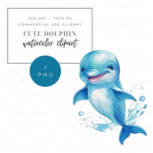 Süßer Delfin Aquarell Clipart - 1 Single PNG - Kommerzielle Nutzung - Transparenter Hintergrund - Kinder Meertier Clip Art - Sofort Download