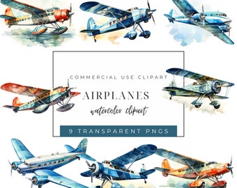 Clipart di aeroplani ad acquerello: immagini PNG, decorazioni di idrovolanti (download immediato)