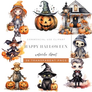 Cute Halloween Clipart -  Watercolor PNG Graphics -  Pumpkin Ghost Spider Witch Images - Commercial Use - Instant Download - Happy Halloween