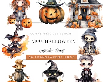Cute Halloween Clipart -  Watercolor PNG Graphics -  Pumpkin Ghost Spider Witch Images - Commercial Use - Instant Download - Happy Halloween